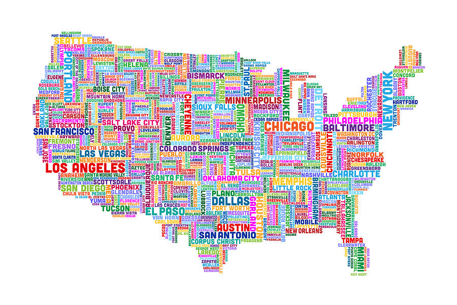 Typography Digital Art - United States Typography Text Map #23 by Michael Tompsett