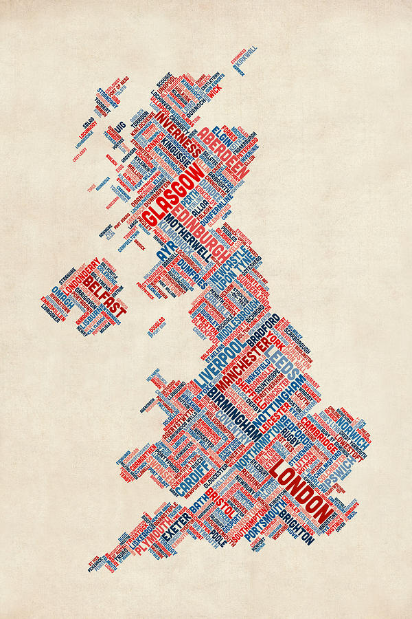 Great Britain UK City Text Map #24 Digital Art by Michael Tompsett