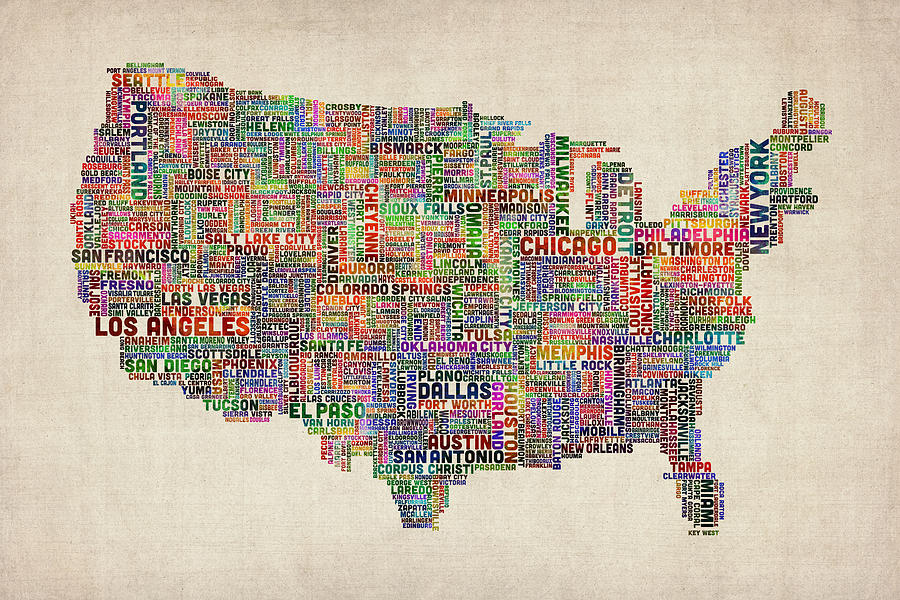 United States Typography Text Map Digital Art By Michael Tompsett