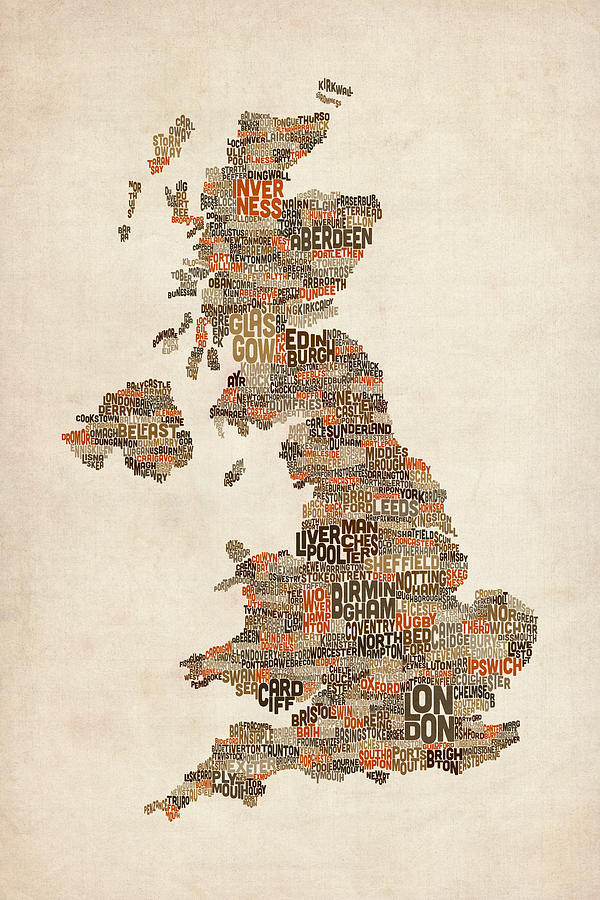 Great Britain UK City Text Map #26 Digital Art by Michael Tompsett