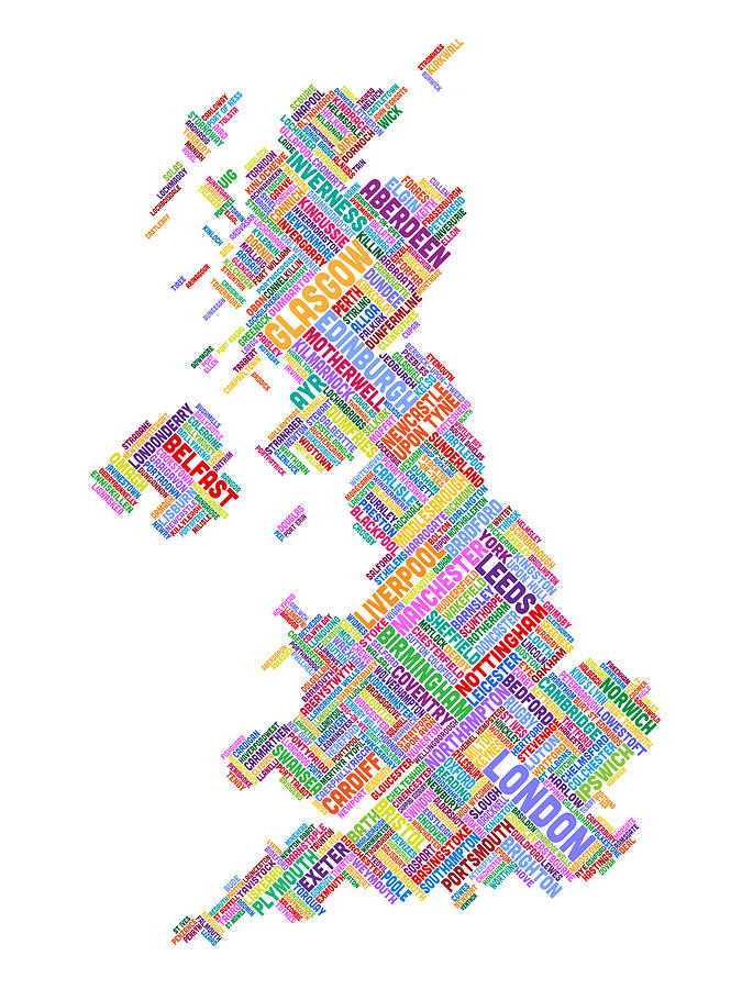 Great Britain UK City Text Map #27 Digital Art by Michael Tompsett