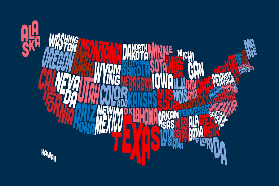 United States Typography Text Map #27 Digital Art by Michael Tompsett