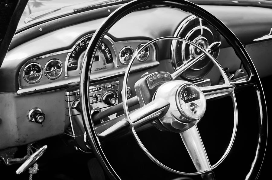 Black And White Photograph - 1950 Pontiac Steering Wheel Emblem #3 by Jill Reger