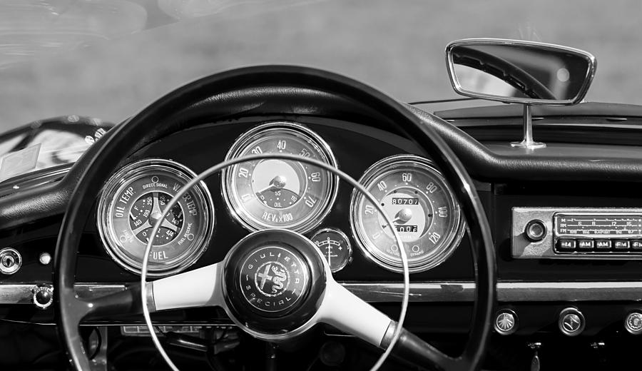 1961 Alfa Romeo Giulietta Spider Steering Wheel Emblem -1185BW Photograph by Jill Reger