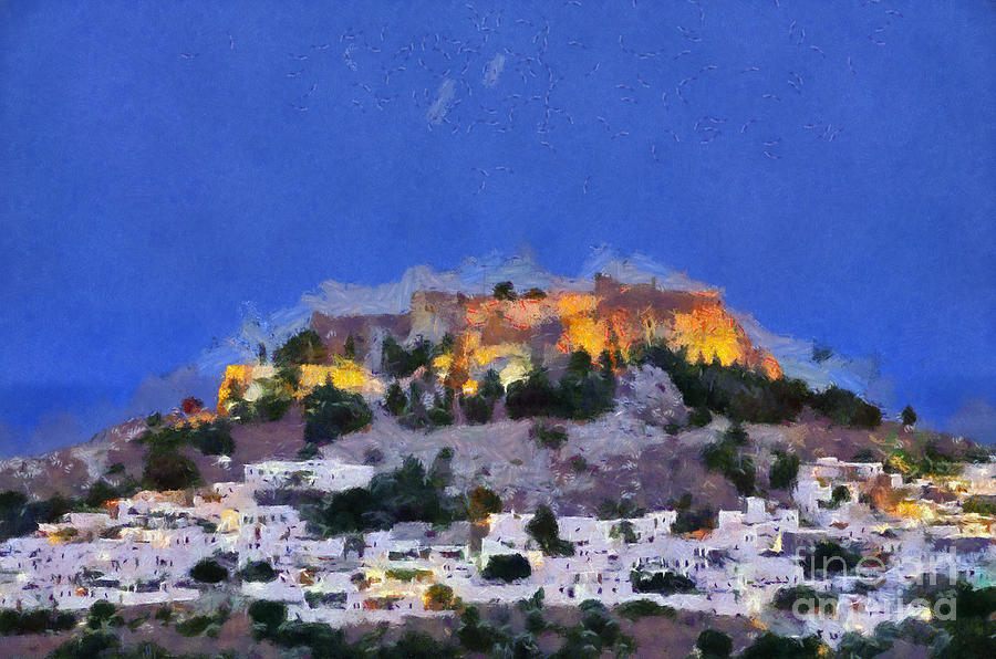 Acropolis and village of Lindos #2 Painting by George Atsametakis