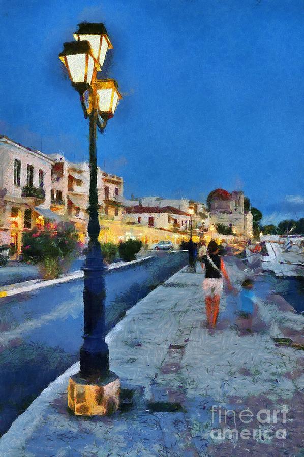 Aegina port during dusk time #5 Painting by George Atsametakis
