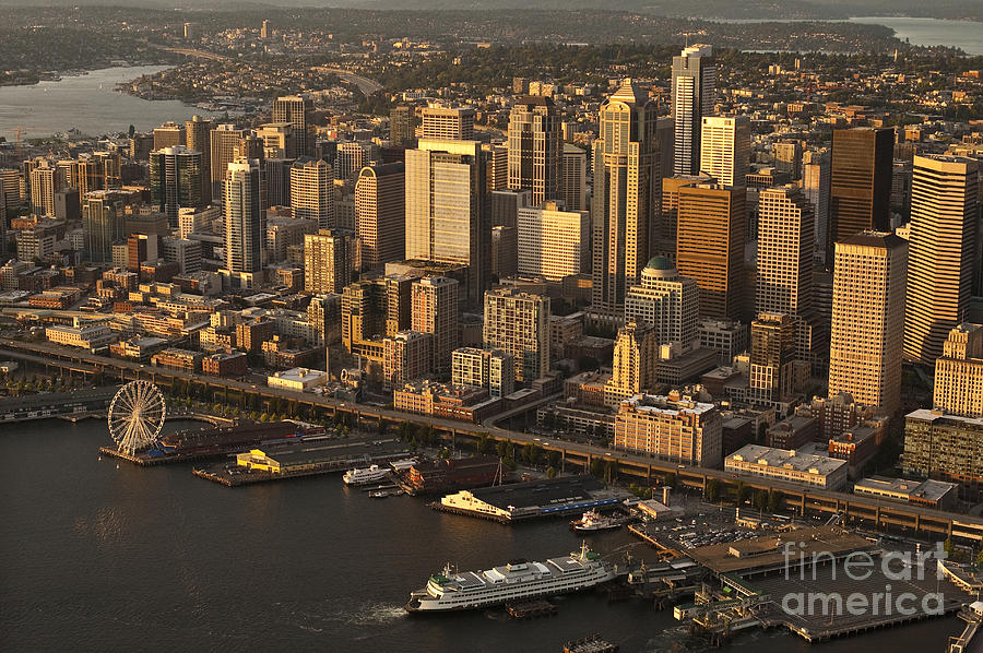 Seattle Photograph - Aerial view of Seattle Skyline along waterfront #3 by Jim Corwin