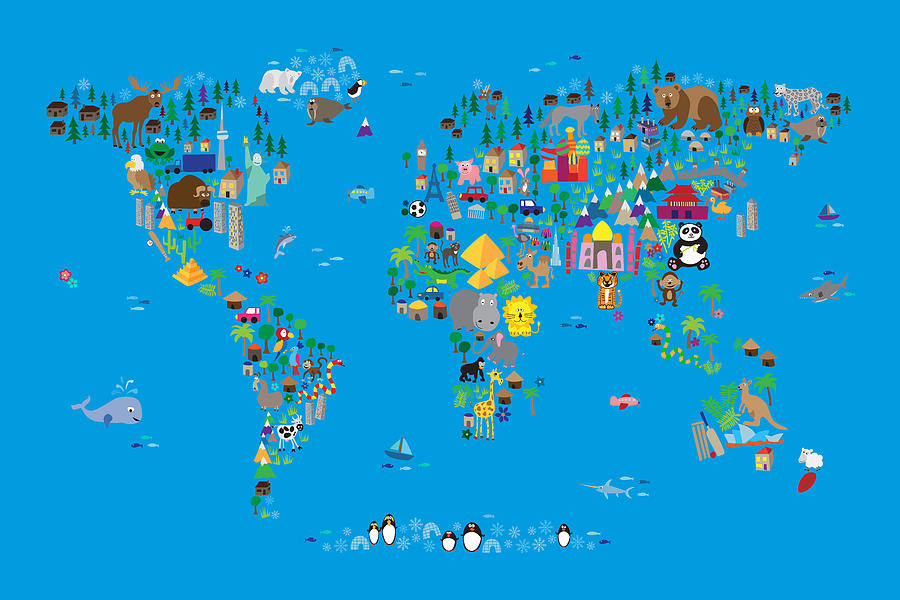 Animal Map of the World for children and kids #3 Digital Art by Michael Tompsett