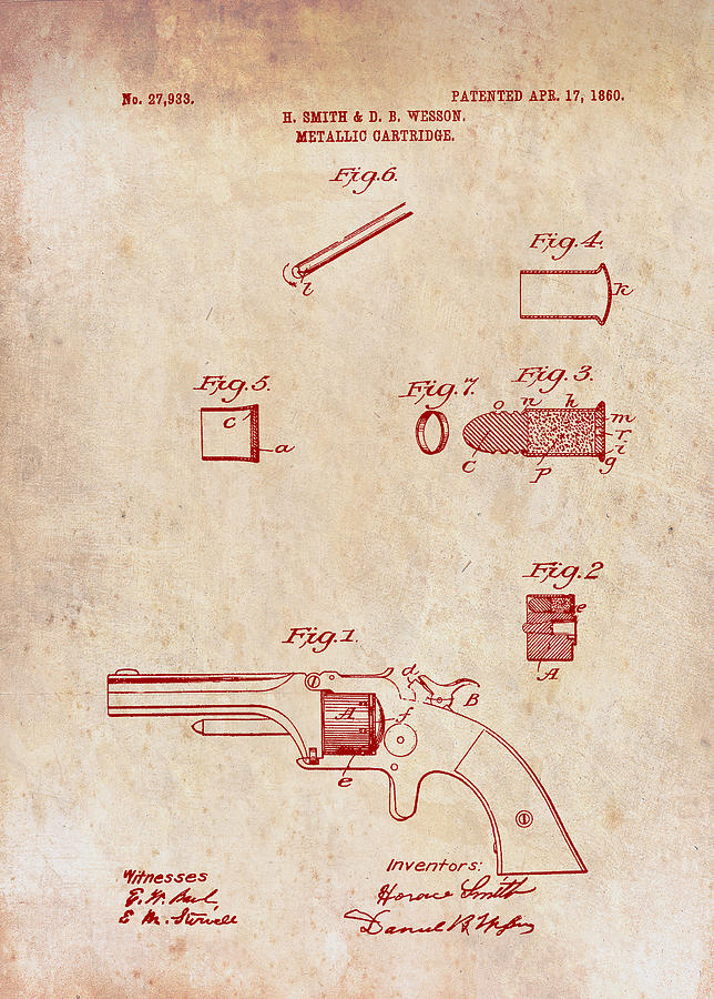 Vintage Drawing - Antique Smith and Wesson Patent for a Metallic Cartridge 1860 #3 by Mountain Dreams