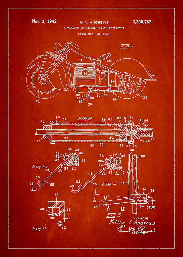 Vintage Digital Art - Automatic Motorcycle Stand Retractor Patent Drawing From 1940 #4 by Aged Pixel