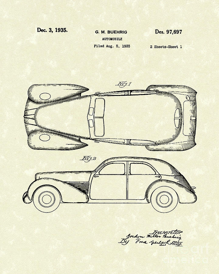 Car Drawing - Automobile 1935 Patent Art #3 by Prior Art Design