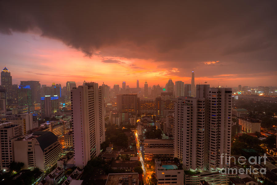 Sunset Photograph - Bangkok city skyline at sunset #3 by Fototrav Print
