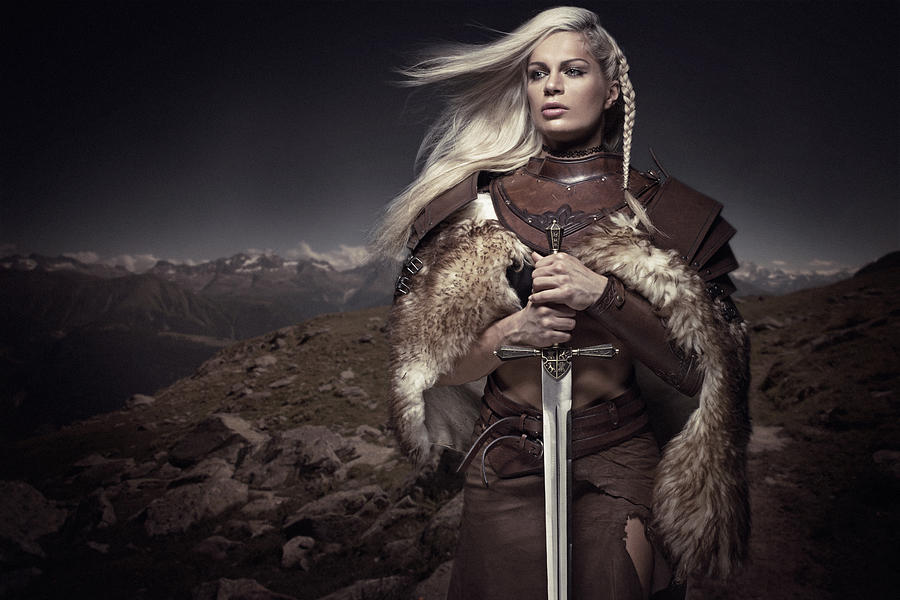 Beautiful Blonde Sword wielding viking warrior female #3 Photograph by Lorado