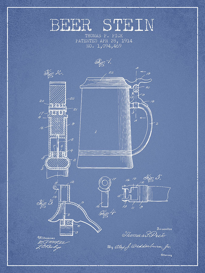 Beer Stein Patent From 1914 - Light Blue Digital Art