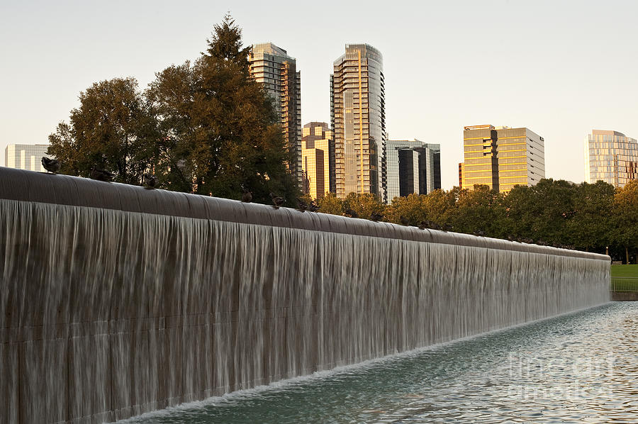 Bellevue skyline from city park with fountain and waterfall at s #3 Photograph by Jim Corwin