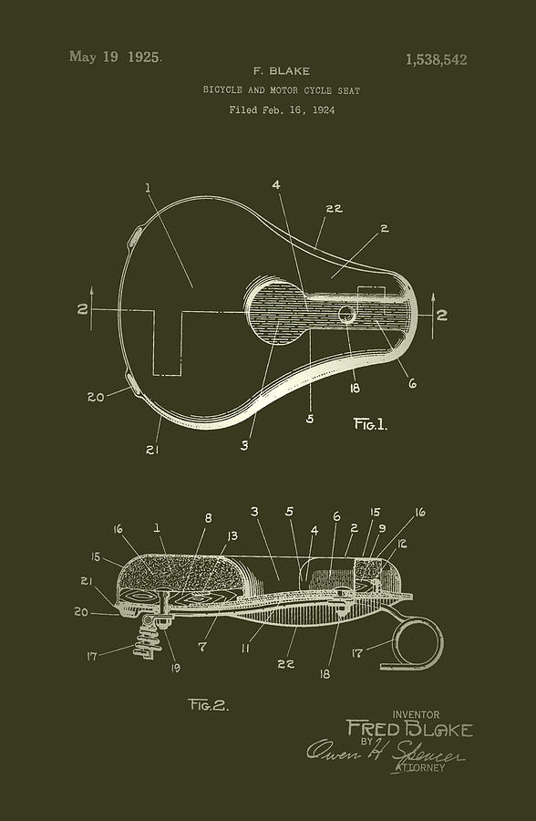 Vintage Drawing - Bicycle and Motorcycle Seat 1925 Patent by Mountain Dreams
