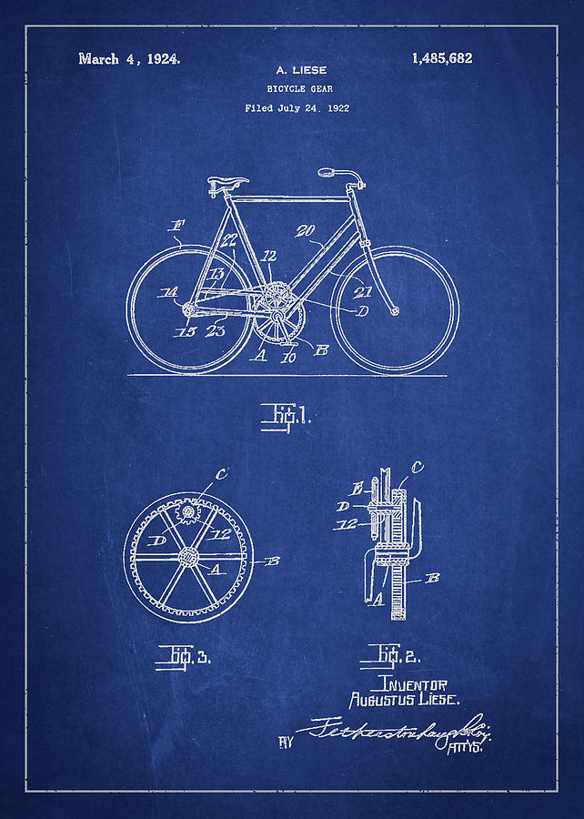 Bicycle Gear Patent Drawing From 1922 - Blue Digital Art