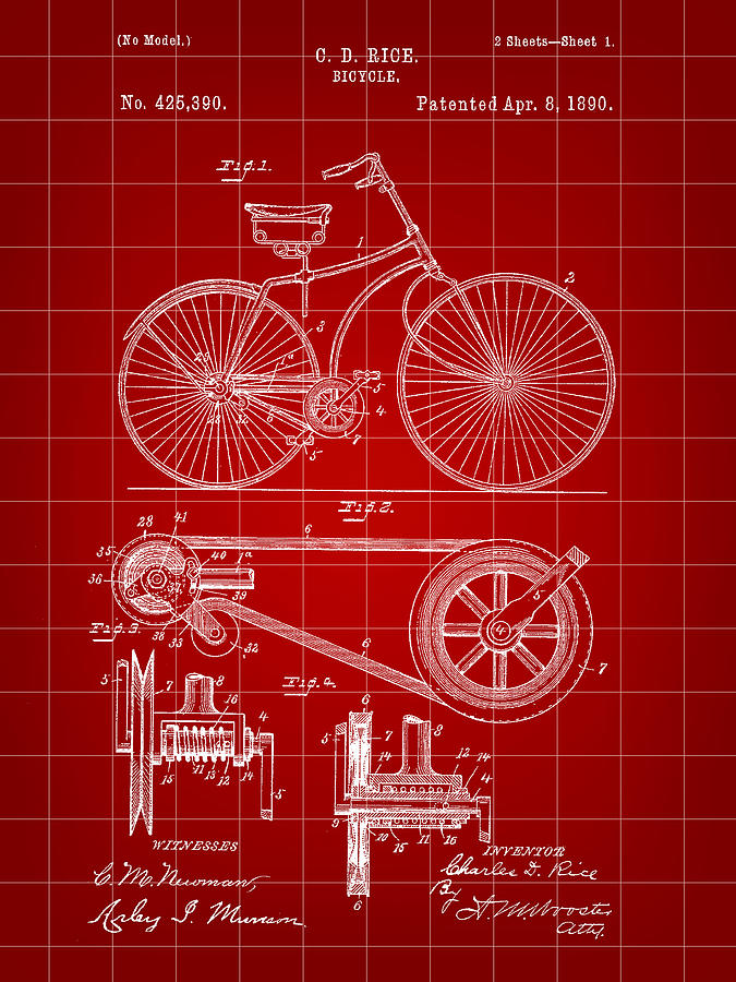 Bicycle Patent 1890 - Red Digital Art by Stephen Younts