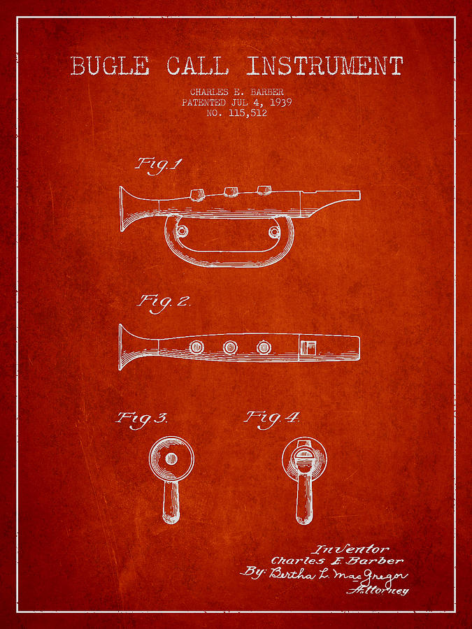 Bugle Call Instrument Patent Drawing From 1939 - Red Digital Art