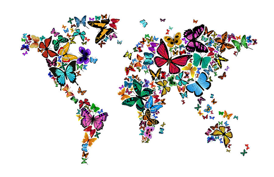 Butterfly Digital Art - Butterflies Map of the World #3 by Michael Tompsett