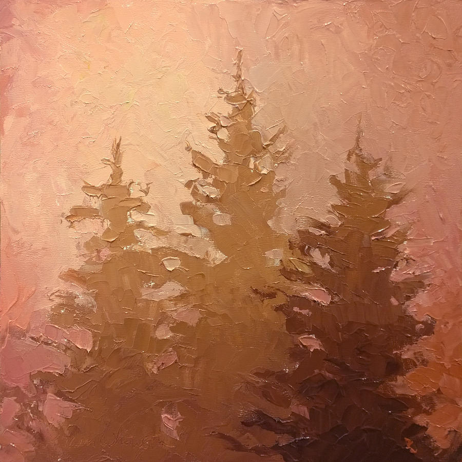 3 Cedars in the Fog No. 2 Painting by K Whitworth
