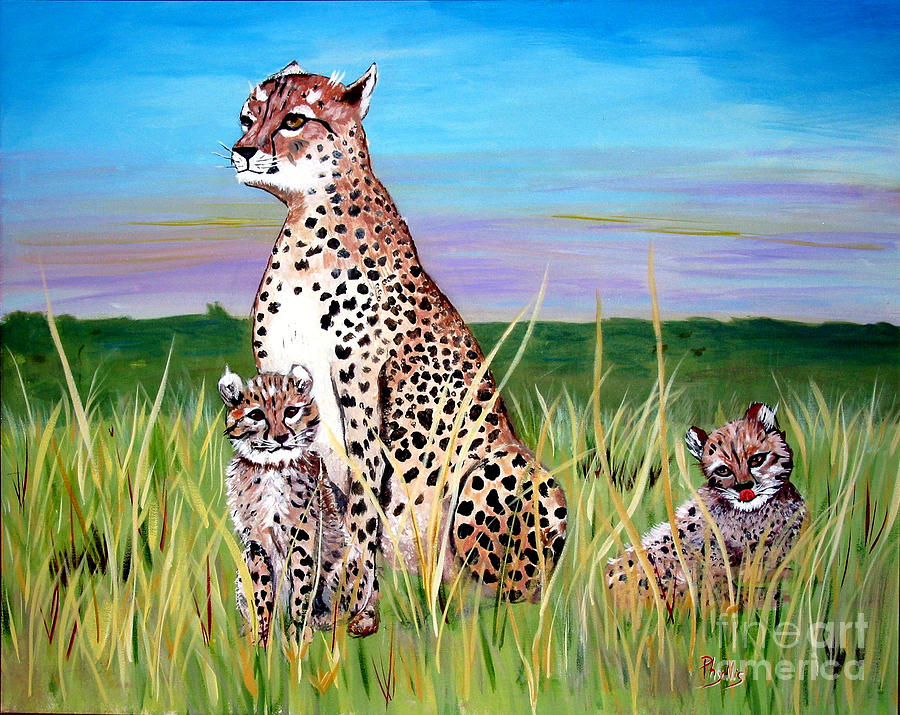 Grass Painting - Cheetah Family by Phyllis Kaltenbach