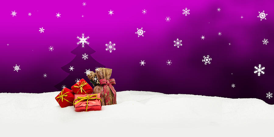 Christmas Background - Christmas Tree - Gifts - Pink - Snow Photograph