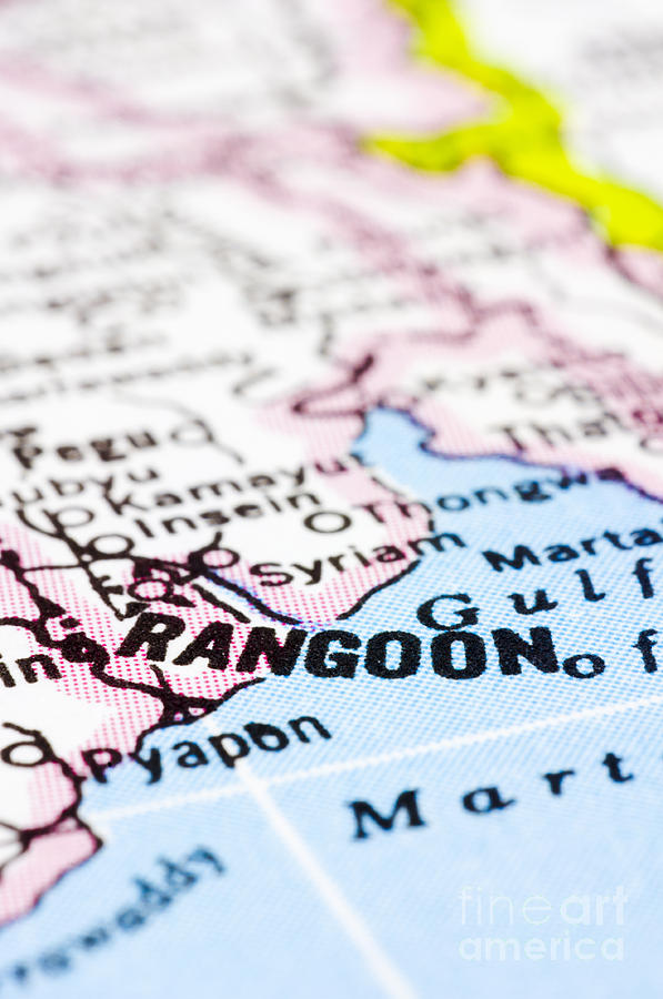 Map Photograph - close up of Rangoon or Yangon on map-Myanmar #3 by Tuimages  