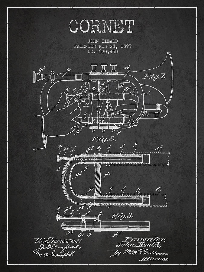 Music Digital Art - Cornet Patent Drawing from 1899 - Dark by Aged Pixel