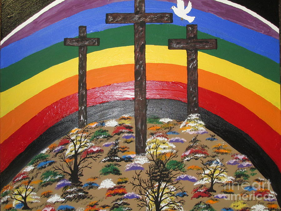 3 Crosses and A Rainbow Painting by Jeffrey Koss