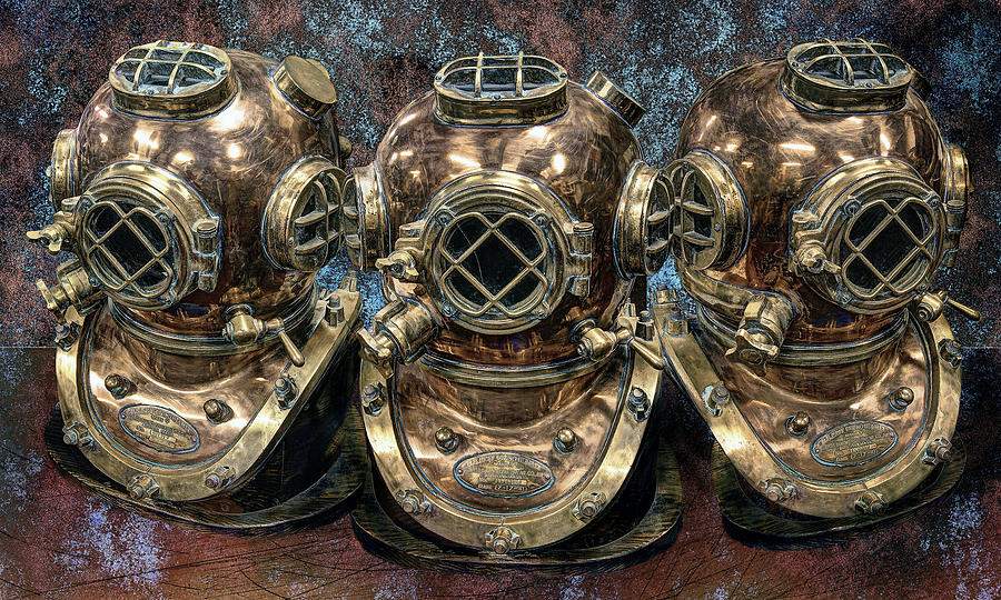 3 Deepdiving Helmets Photograph by Daniel Hagerman