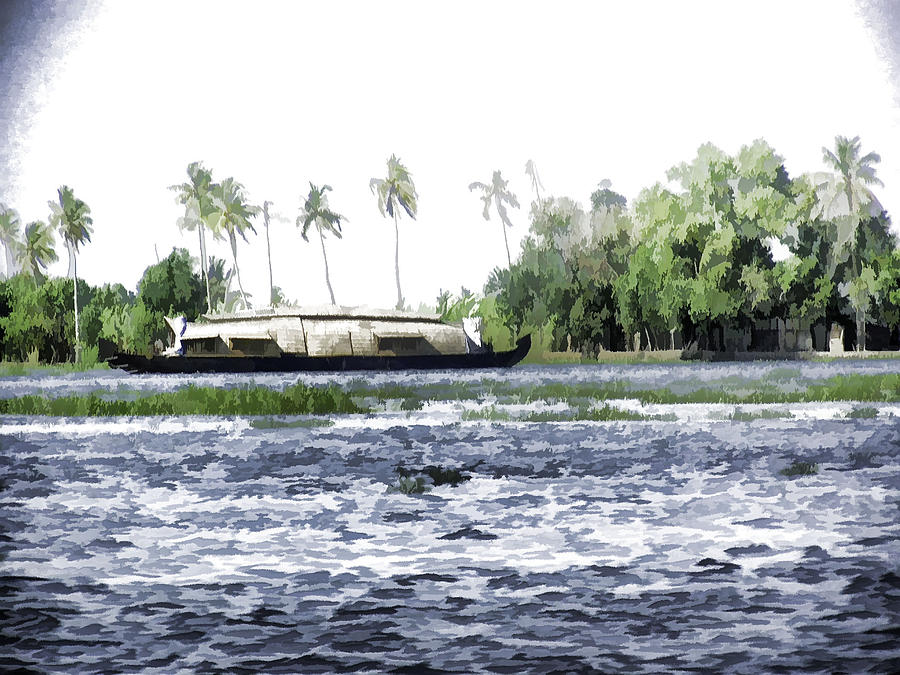 Boat Digital Art - Digital Oil Painting - A houseboat on its quiet sojourn through the backwaters #3 by Ashish Agarwal