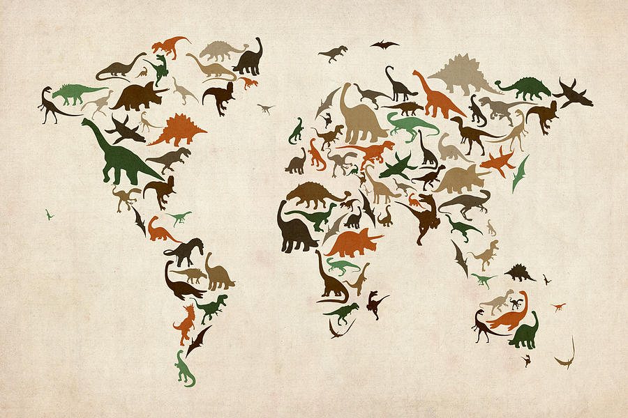 Dinosaur Map of the World Map #3 Digital Art by Michael Tompsett