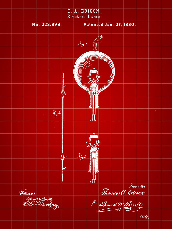 Edison Light Bulb Patent 1880 - Red Digital Art by Stephen Younts