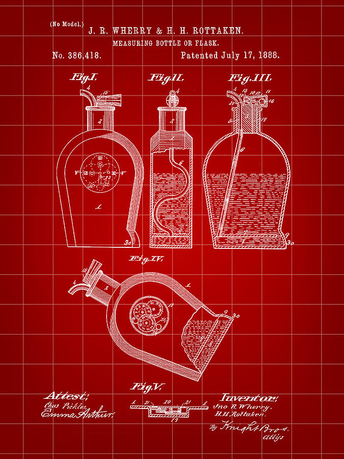 Wine Digital Art - Flask Patent 1888 - Red by Stephen Younts