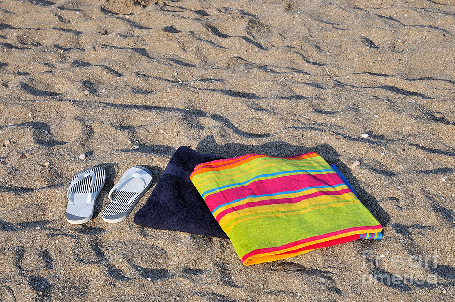 Summer Photograph - Flip flops and towels on beach #2 by George Atsametakis