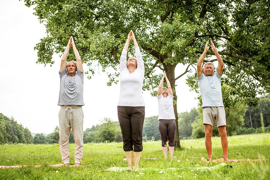 Four People Doing Yoga In Field #3 Photograph by Science Photo Library ...