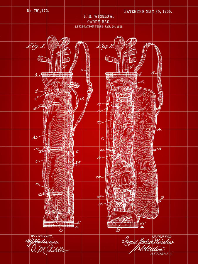 Golf Digital Art - Golf Bag Patent 1905 - Red by Stephen Younts