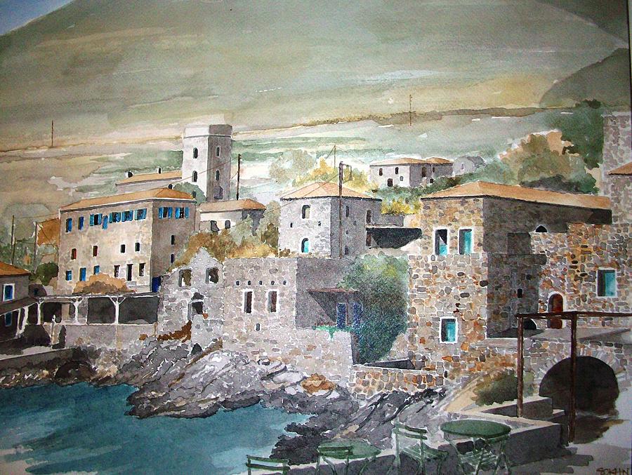 Landscape Painting - Greek village #3 by Samir Sokhn