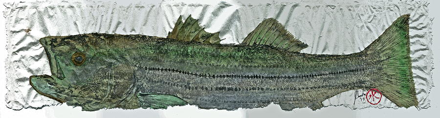 Gyotaku - Striped Bass - Rock Fish - Striper #3 Mixed Media by Jeffrey Canha