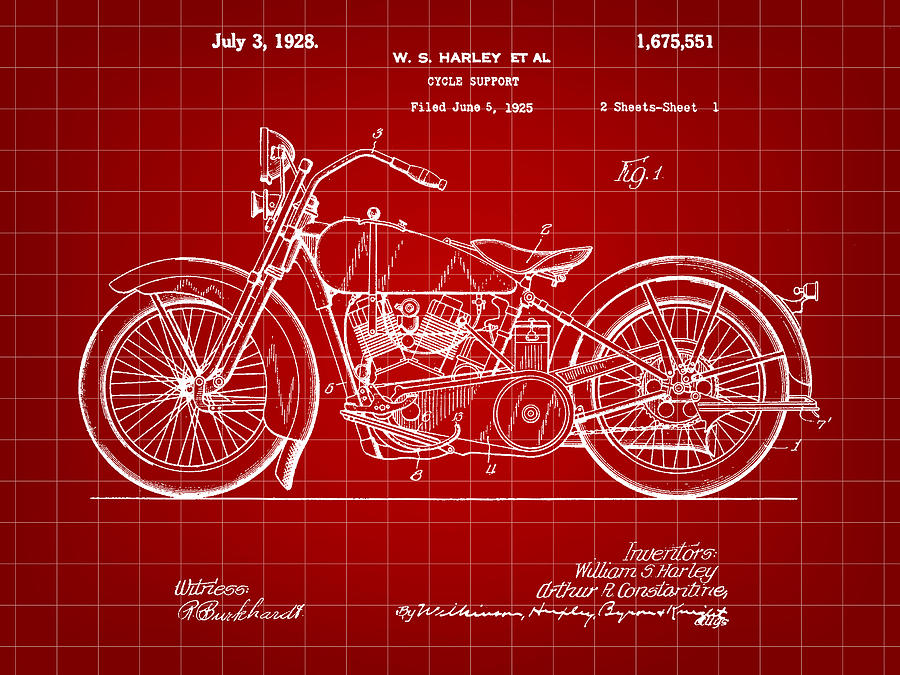 Harley Davidson Motorcycle Patent 1925 - Red Digital Art by Stephen Younts