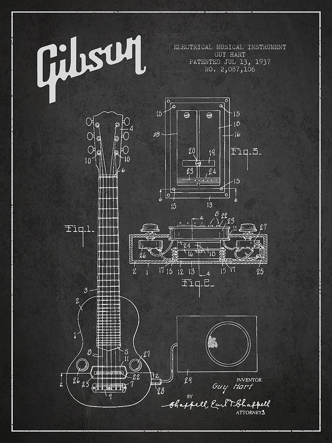 Bass Digital Art - Hart Gibson electrical musical instrument patent Drawing from 19 #7 by Aged Pixel
