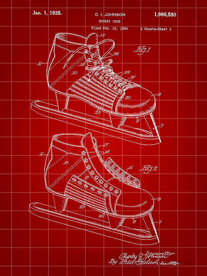 Hockey Digital Art - Hockey Shoe Patent 1934 - Red by Stephen Younts