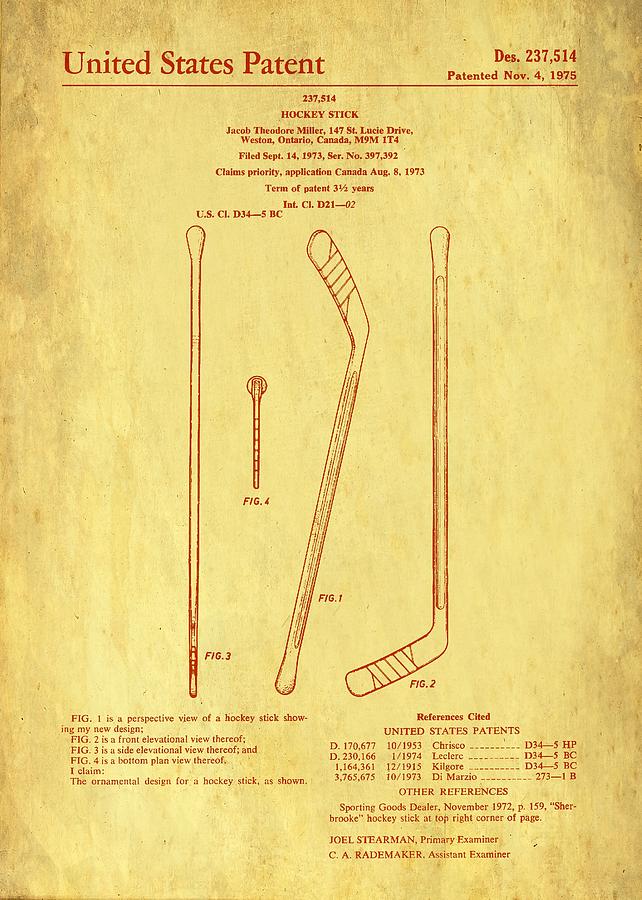 Hockey Stick Patent 1975 #3 Drawing by Mountain Dreams