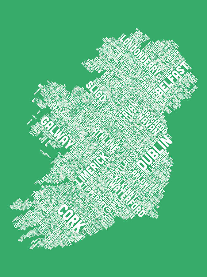 Typography Digital Art - Ireland Eire City Text map #3 by Michael Tompsett