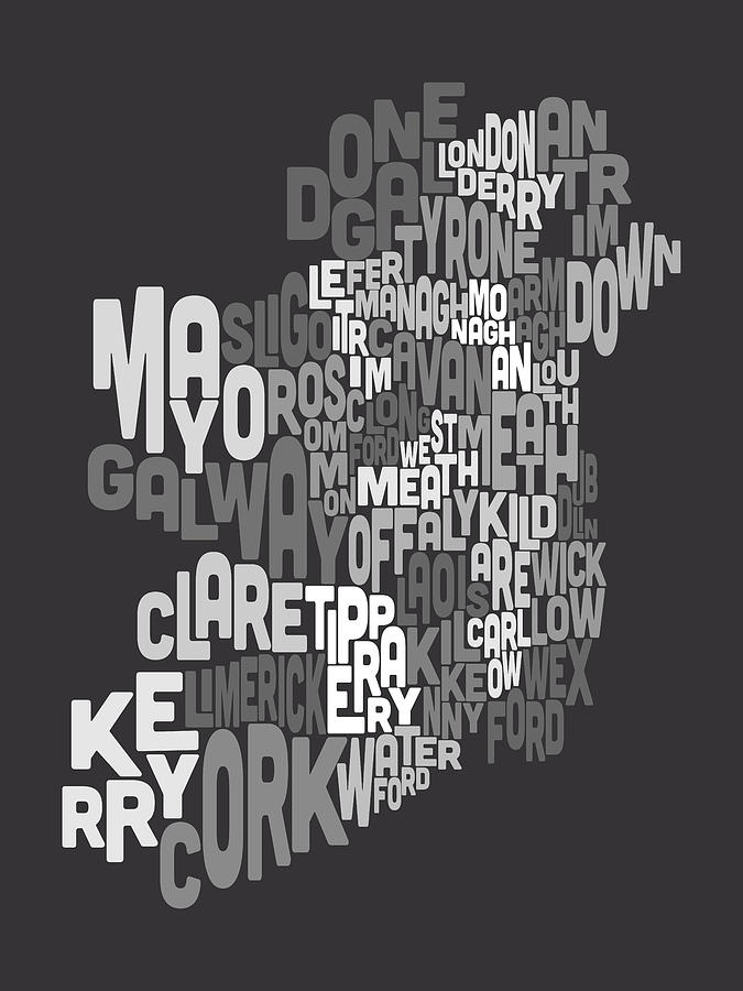 Typography Digital Art - Ireland Eire County Text Map #3 by Michael Tompsett