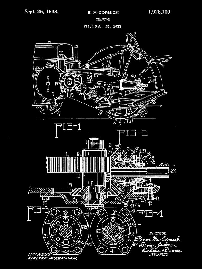Vintage Digital Art - John Deere Tractor Patent 1932 - Black by Stephen Younts