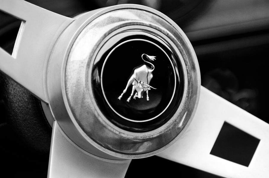 Black And White Photograph - Lamborghini Steering Wheel Emblem #3 by Jill Reger