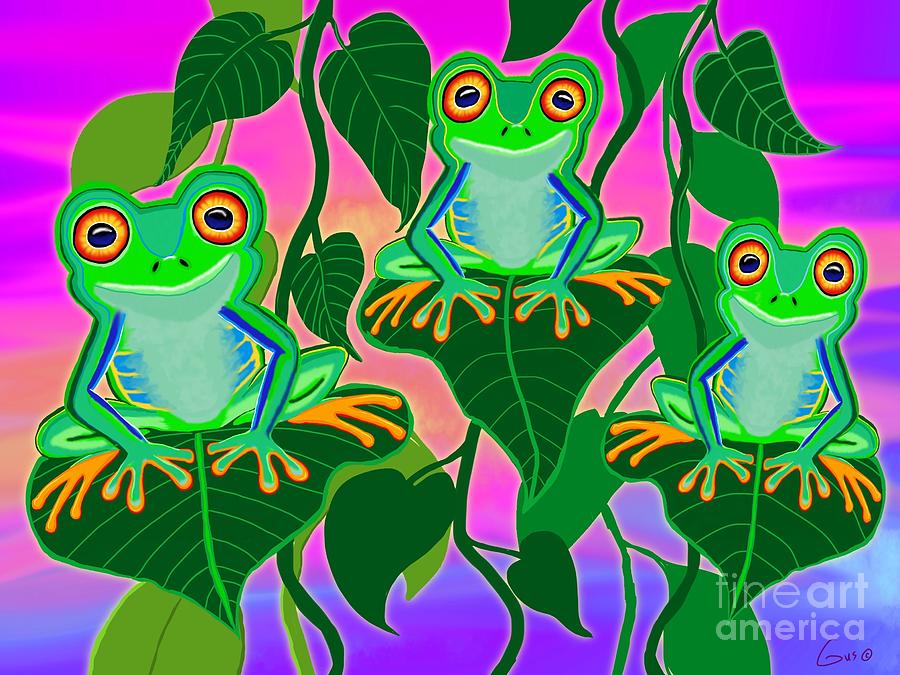 Frog Digital Art - 3 Little Frogs On Leafs by Nick Gustafson