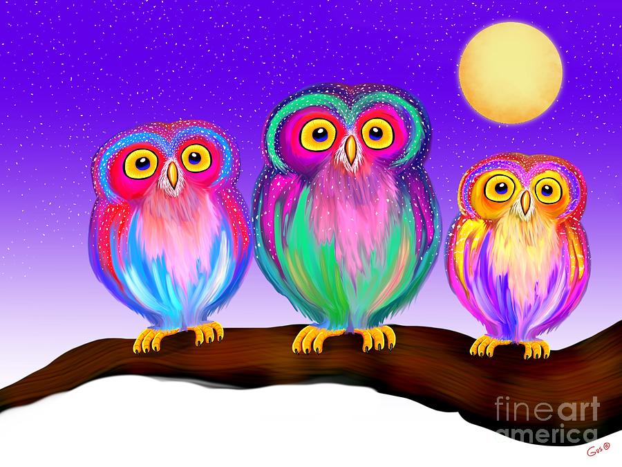 3 little Owls in the Moonlight Painting by Nick Gustafson